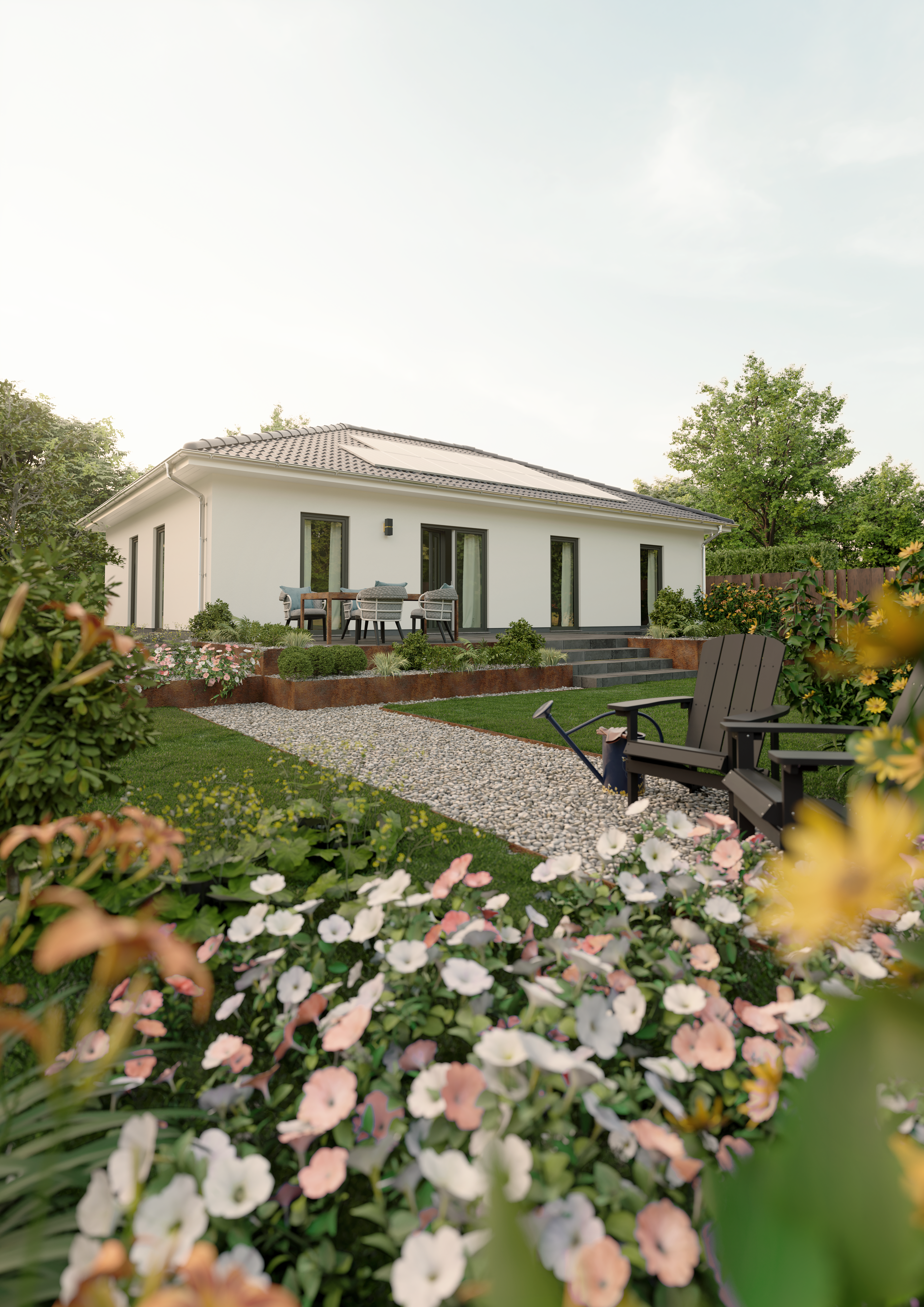 Bungalow 110 mit großzügiger Fensterfront und Gartenblick Bungalow 110 mit Walmdach und weiter Fensterfront, Blick vom Garten